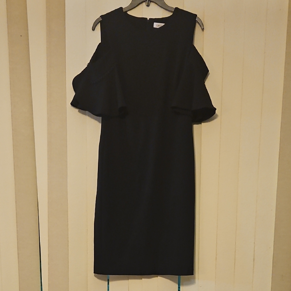 Calvin Klein Black Midi Dress with Ruffle Sleeves